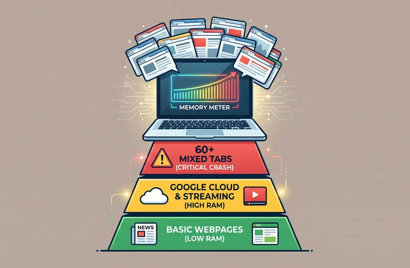An infographic illustrating laptop RAM usage, showing how basic webpages use low memory, Google Cloud services use high memory, and opening 60 or more mixed tabs leads to a critical system crash on 8GB RAM