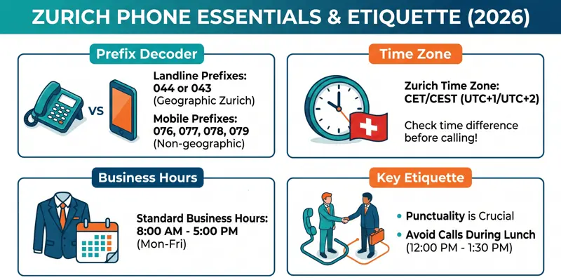 Visual breakdown comparing the landline area code Zurich relies on (044 and 043) versus Swiss mobile prefixes, alongside local business etiquette tips.