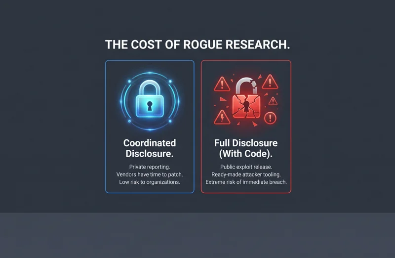 A split-panel infographic comparing the safety of coordinated vulnerability disclosure, which allows vendors time to patch, against the extreme risk of full disclosure with exploit code, which arms hackers with ready-made attack tools.