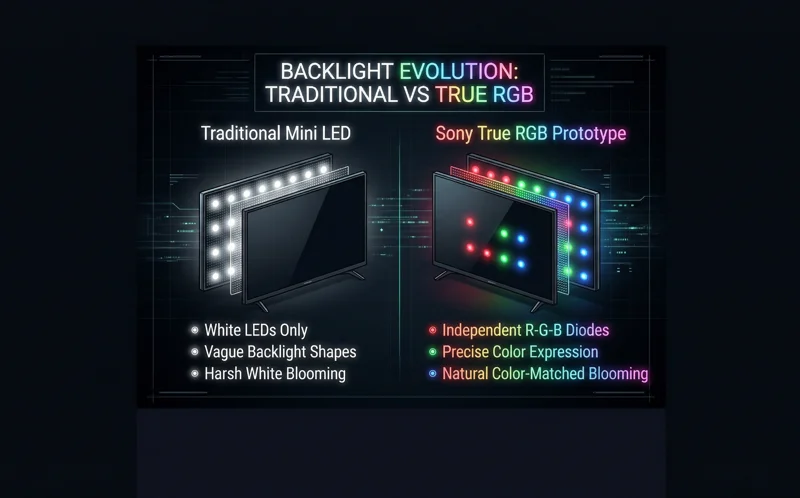 Infographic comparing traditional white Mini LED backlights with vague shapes to Sony's new True RGB technology featuring independent red, green, and blue diodes.