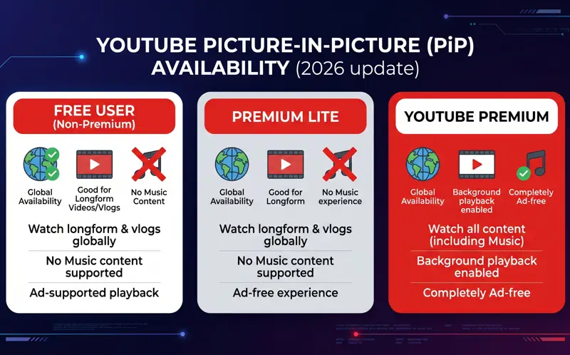 Step-by-step infographic showing how to activate YouTube Picture-in-Picture mode on Apple iOS and Android smartphones.