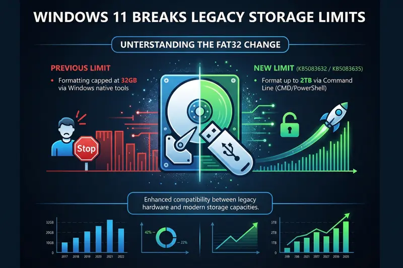 Infographic comparing the old 32GB FAT32 formatting limit with the new 2TB storage limit introduced in the latest Windows 11 update via the command line.