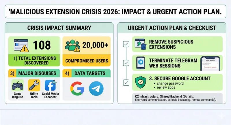 An urgent cybersecurity action plan checklist detailing how to remove malicious Chrome extensions, terminate compromised Telegram Web sessions, and secure Google accounts.