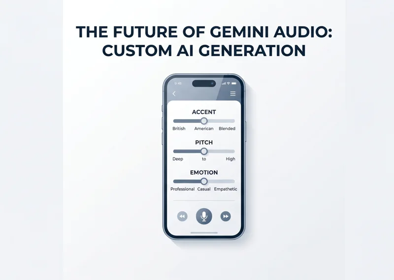 Concept user interface for Google Gemini custom AI voice generation, featuring visual sliders for dynamic accent blending, pitch adjustment, and emotional range control.