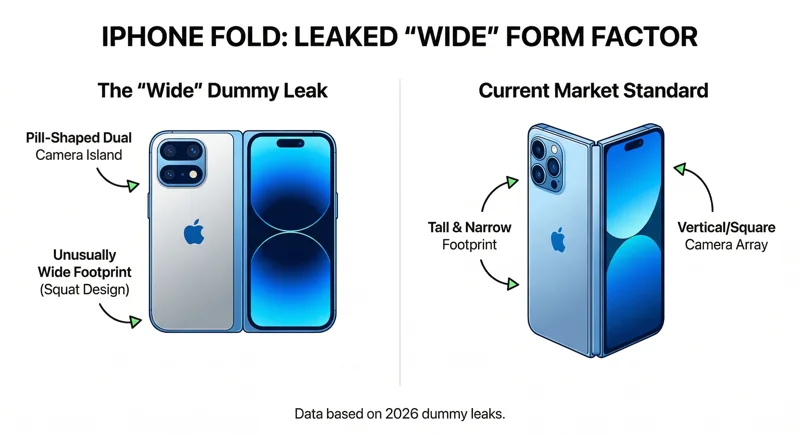 Infographic comparing the leaked wide dummy design of the Apple iPhone Fold, featuring a pill-shaped camera island, to standard tall foldable phones.