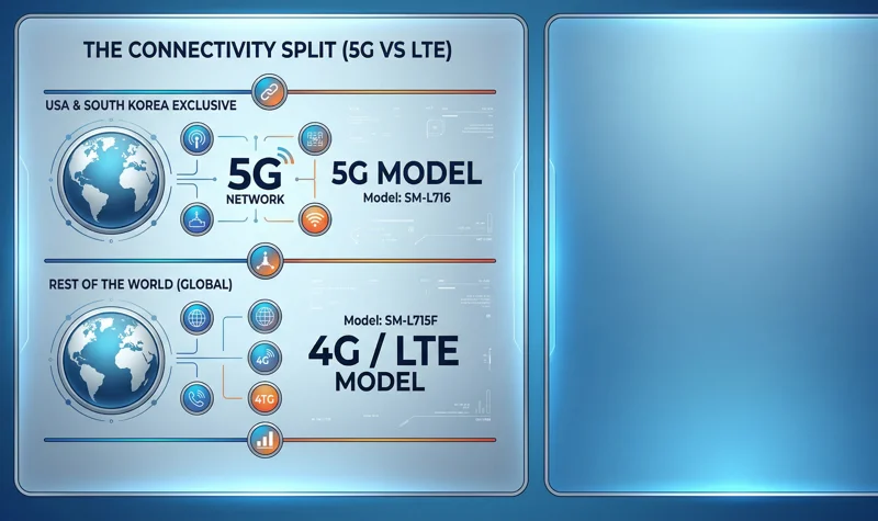 Infographic illustrating the regional connectivity split for the Samsung Galaxy Watch Ultra 2, showing the 5G model exclusive to the US and South Korea, and the 4G LTE model for the global market