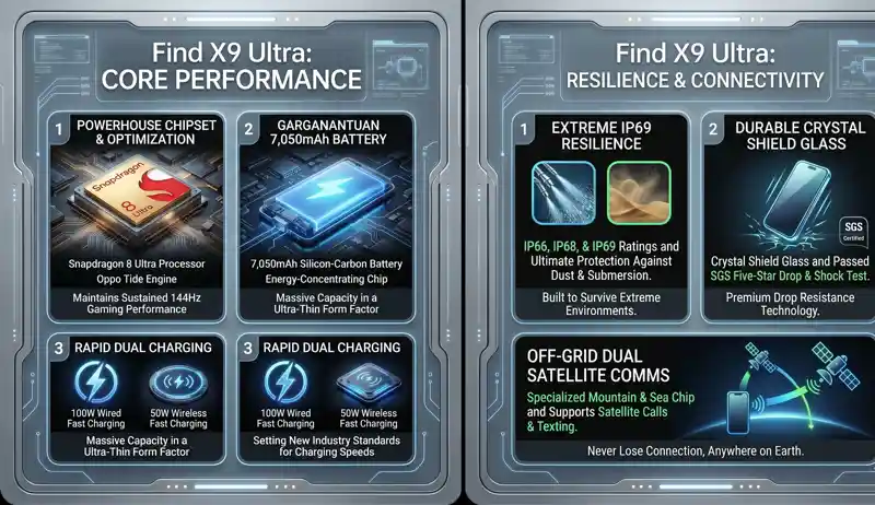 Infographic illustrating the extreme durability and off-grid connectivity features of the Oppo Find X9 Ultra, highlighting its IP66, IP68, and IP69 ratings, SGS five-star drop resistance, and dual satellite communication capabilities.