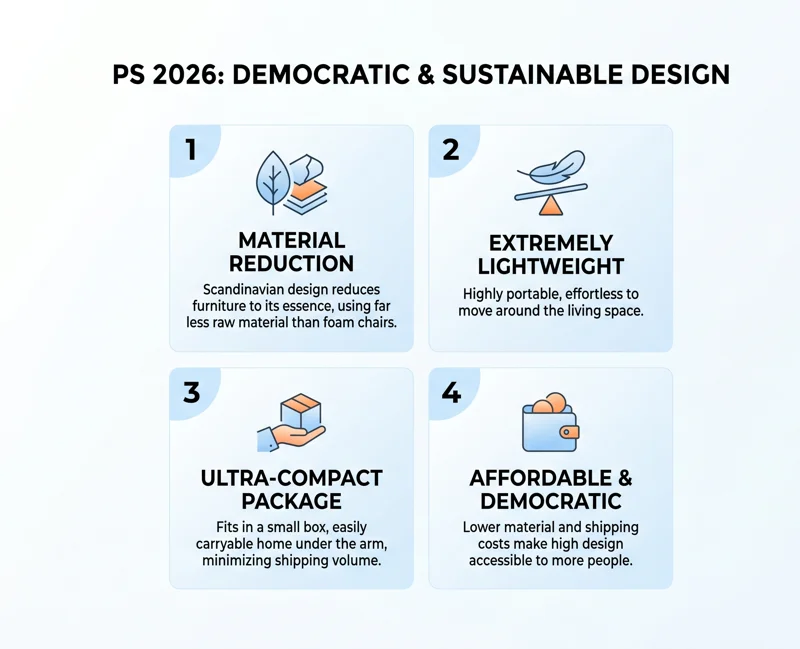 Infographic highlighting the sustainability and logistical benefits of the IKEA PS 2026 inflatable chair, focusing on material reduction, extreme lightweight portability, ultra-compact flat-pack design, and affordable pricing.