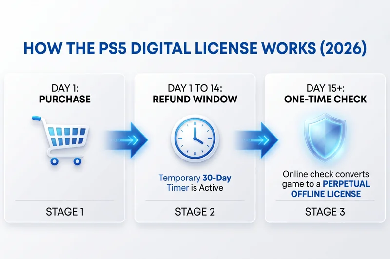 Timeline infographic explaining the PlayStation digital game license process, showing the transition from the initial purchase and 14-day refund window to the one-time online check that creates a perpetual offline license.