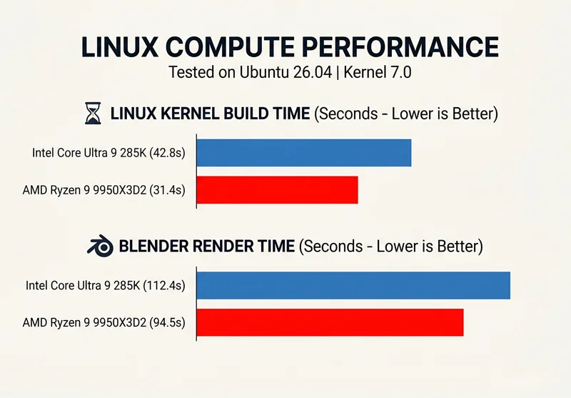 Bar chart comparing Linux compute performance on Ubuntu 26.04, showing the AMD Ryzen 9 9950X3D2 significantly beating the Intel Core Ultra 9 285K in Linux kernel build times and Blender rendering tasks.