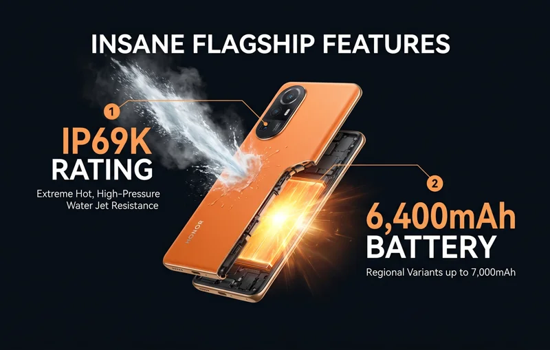 A 3D tech infographic illustrating the extreme IP69K water and dust resistance and the massive 6,400mAh battery capacity of the orange Honor 600 Pro.