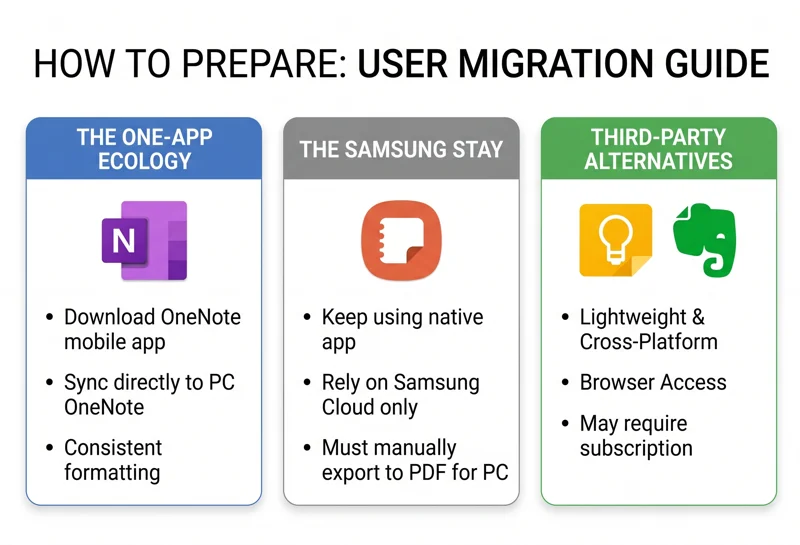 Comparison chart infographic detailing migration alternatives for users affected by the Samsung Notes and OneNote sync shutdown, including switching entirely to the OneNote mobile app or using third-party apps.