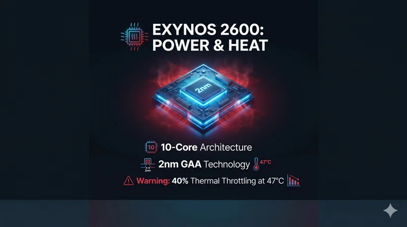 Infographic showing the Exynos 2600 processor specifications, highlighting its 10-core 2nm GAA architecture alongside a warning about 40 percent thermal throttling at 47 degrees Celsius.
