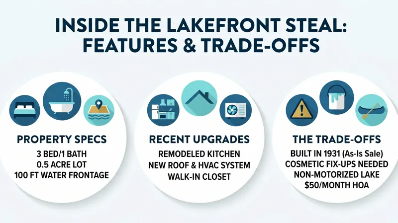 Infographic detailing the property specs, recent upgrades, and trade-offs of the $550,000 N.J. lakefront home, including its as-is sale status and required cosmetic fix-ups.
