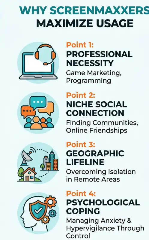 Infographic explaining the four main reasons screenmaxxers maximize their screen time: professional necessity, niche social connection, overcoming geographic isolation, and psychological coping.