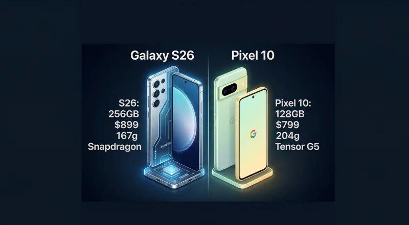 Infographic comparing the camera specifications of the Galaxy S26 and Pixel 10, showing the 3x optical zoom and Horizontal Lock on the Samsung against the 5x optical zoom and Magic Eraser on the Google phone.