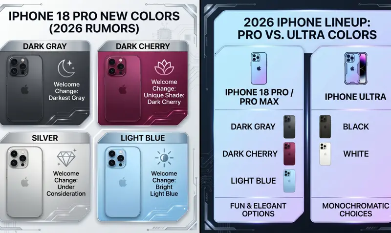 Comparison chart comparing the vibrant color palette of the iPhone 18 Pro models against the monochromatic black and white options of the upcoming iPhone Ultra.