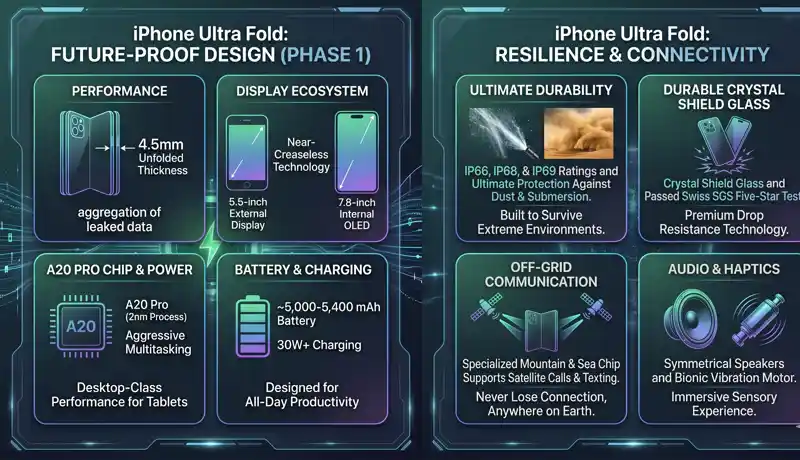 Infographic explaining the design trade-offs of the iPhone Ultra Fold, highlighting the missing internal MagSafe magnets, the book-style folding mechanism, Touch ID integration, and the expected late 2026 release date.