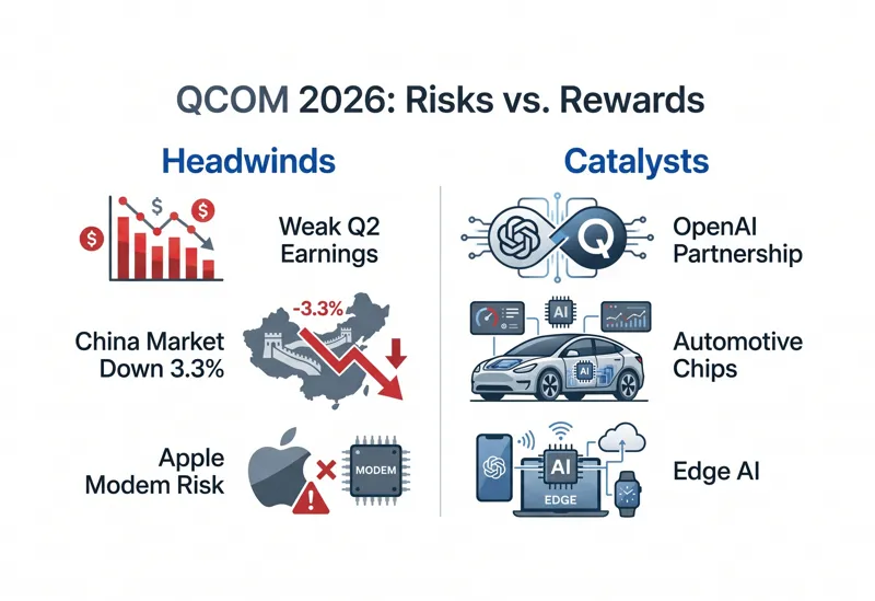 Financial infographic comparing Qualcomm's 2026 headwinds, such as Apple modem replacement risks and weak handset demand in China, against its long-term catalysts like the OpenAI partnership and automotive chip growth.