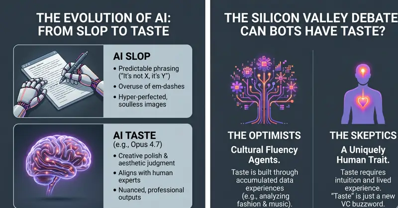 Infographic detailing the ongoing Silicon Valley debate on whether AI can possess true taste, contrasting the views of optimists building cultural fluency agents against skeptics who view taste as a uniquely human trait.