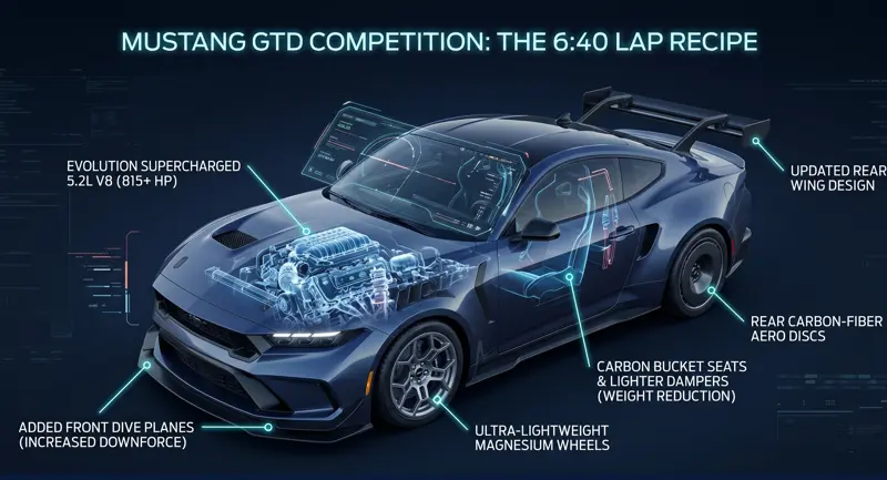 A technical blueprint illustration of the Mustang GTD Competition, featuring callouts to key track upgrades including the supercharged 5.2-liter V8 engine, lightweight magnesium wheels, front dive planes, carbon bucket seats, and rear aero discs.