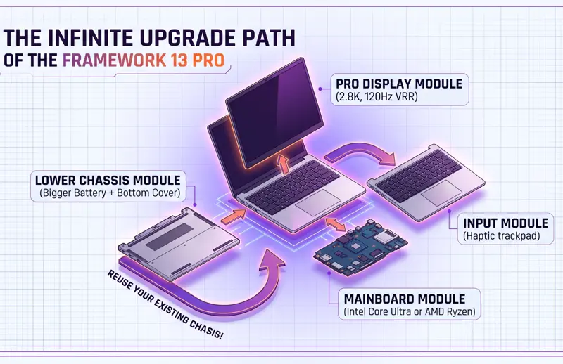 An exploded diagram infographic showing the modular components of the Framework 13 Pro, including the swappable 2.8K display, haptic trackpad, mainboard, and battery.
