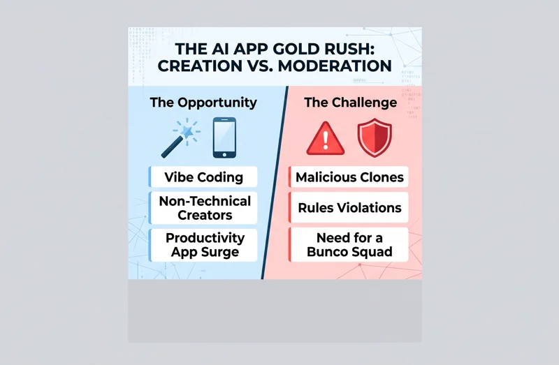 A split-screen infographic contrasting the easy creation of apps using AI vibe coding with the severe moderation challenges, including malicious clones, rules violations, and the need for an App Store bunco squad.