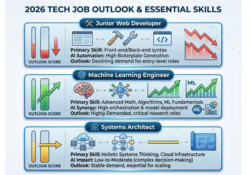 Infographic detailing the 2026 tech job outlook, showing the declining demand for junior web developers due to AI coding tools, contrasted with the highly demanded roles of machine learning engineers and systems architects.
