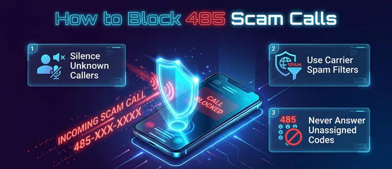 Infographic detailing steps to protect yourself from 485 area code scam calls, including silencing unknown callers and using carrier spam filters.