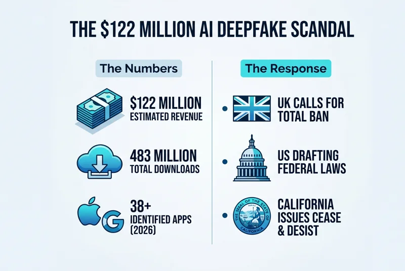 Isometric infographic displaying the $122 million revenue and 483 million downloads of nudify apps alongside global legislative responses from the UK, US, and California.