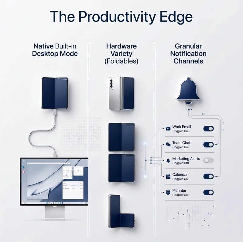 Infographic detailing Android productivity features such as native built-in desktop mode, foldable hardware variety, and granular notification channels.