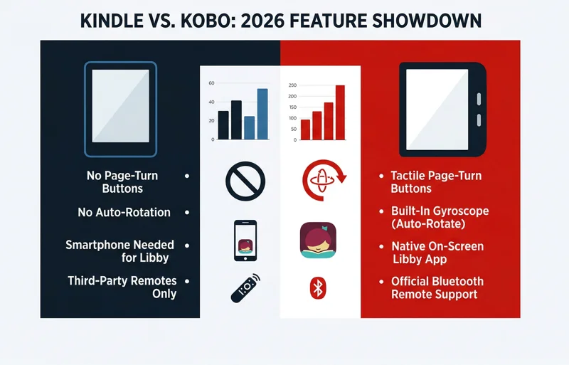 Side-by-side comparison infographic showing Kobo e-reader advantages like page-turn buttons, auto-rotation, and native Libby integration compared to current Amazon Kindle models.