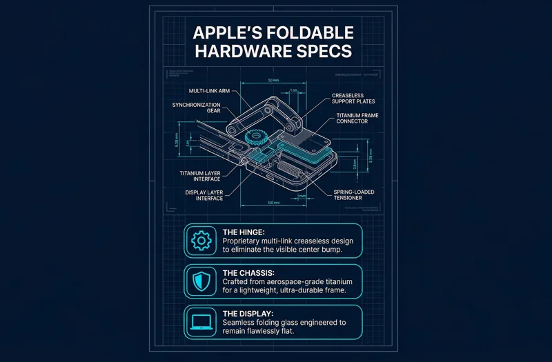Technical blueprint infographic detailing Apple's foldable iPhone hardware specs, including the creaseless multi-link hinge, aerospace-grade titanium chassis, and seamless folding glass display.