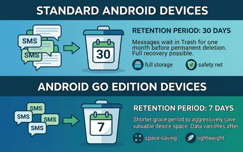 Infographic showing the Google Messages trash folder retention period, comparing the 30-day safety net for standard Android devices with the 7-day space-saving period for Android Go devices.