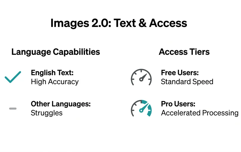 Infographic comparing AI text rendering accuracy in English versus other languages, alongside the feature differences between free OpenAI users and paying subscribers.