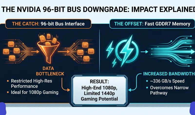 A detailed specification comparison table highlighting the differences between the NVIDIA RTX 4060 and the leaked RTX 5060, focusing on VRAM capacity, memory type, bus width, and estimated bandwidth.