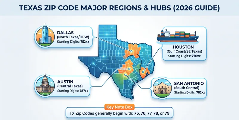Educational infographic explaining how the TX ZIP code plus-4 system works and how rapid real estate growth in Texas suburbs triggers postal changes.