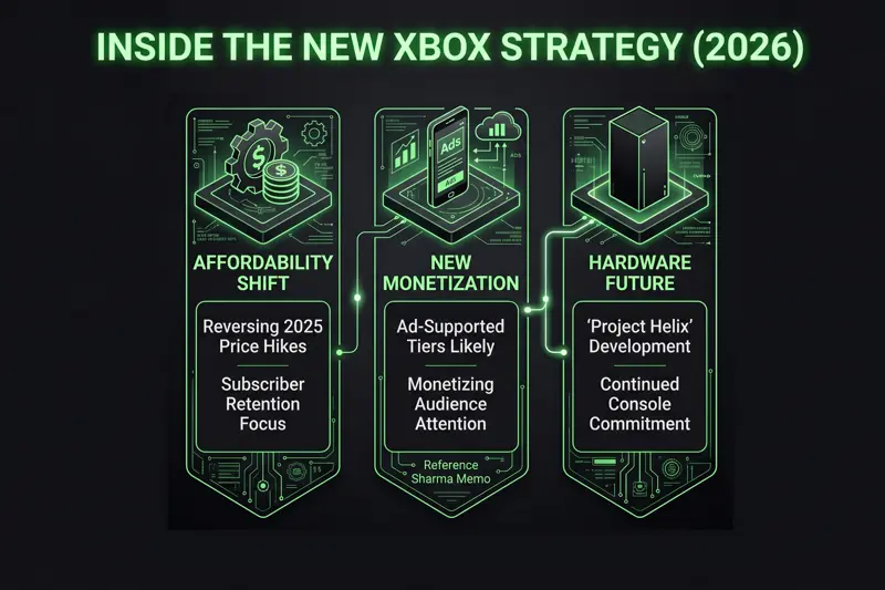 A roadmap infographic detailing the new Xbox strategy for 2026, including the Game Pass price reduction, a pivot towards advertising monetization, and the development of the Project Helix console.