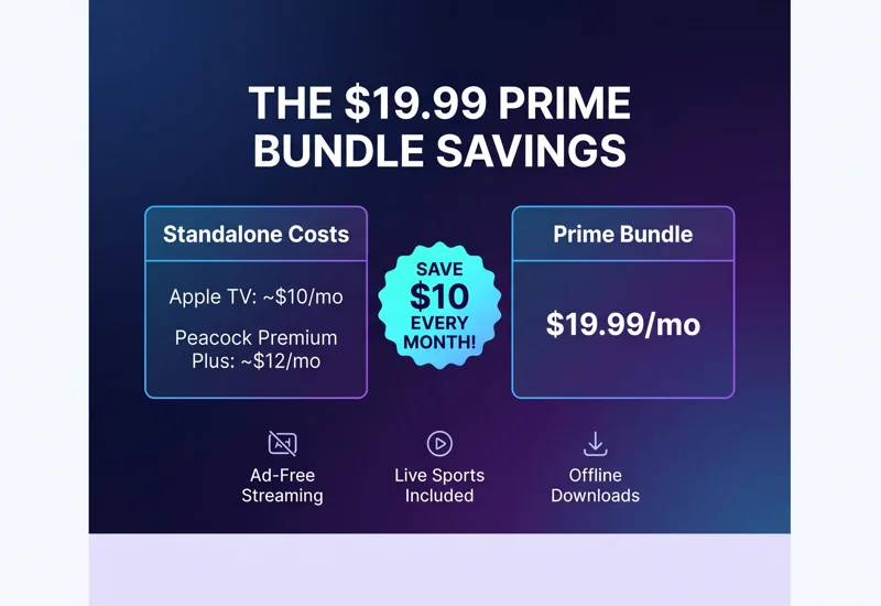 An infographic comparing the standalone costs of Apple TV and Peacock Premium Plus against the new $19.99 Prime Video bundle, highlighting the $10 monthly savings.
