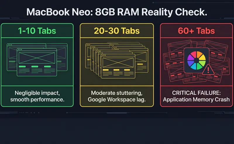 A visual chart illustrating the 8GB RAM limits on the MacBook Neo, showing smooth performance with 1 to 10 tabs, moderate lag at 20 to 30 tabs, and a critical application memory crash at 60 or more Safari tabs.