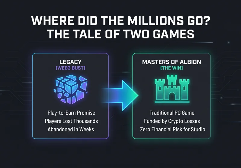 Side-by-side comparison infographic contrasting the failed Web3 game Legacy, where players lost thousands, with the traditional PC game Masters of Albion, which was funded by those crypto losses.