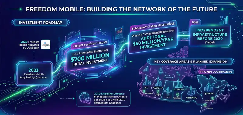 Infographic showing Freedom Mobile's aggressive pricing strategy, the Price Freeze Promise, and their rapid growth to over 4.4 million Canadian wireless customers.