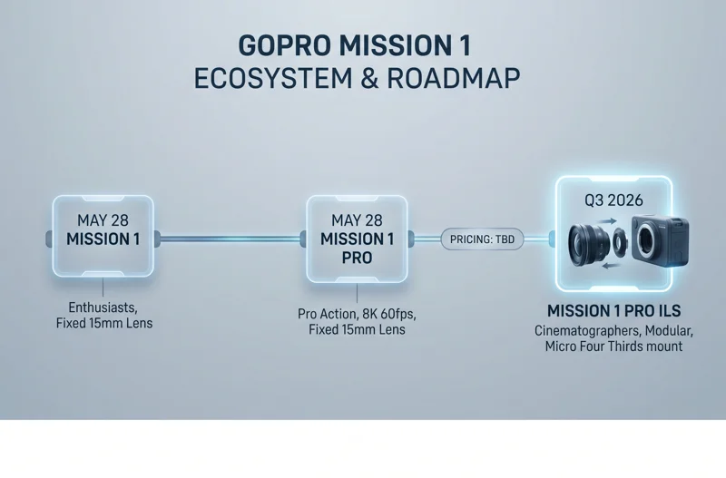 Infographic timeline showing the launch roadmap for the GoPro Mission 1 series, with the base and Pro models releasing on May 28, and the Micro Four Thirds compatible Mission 1 Pro ILS launching in Q3 2026.