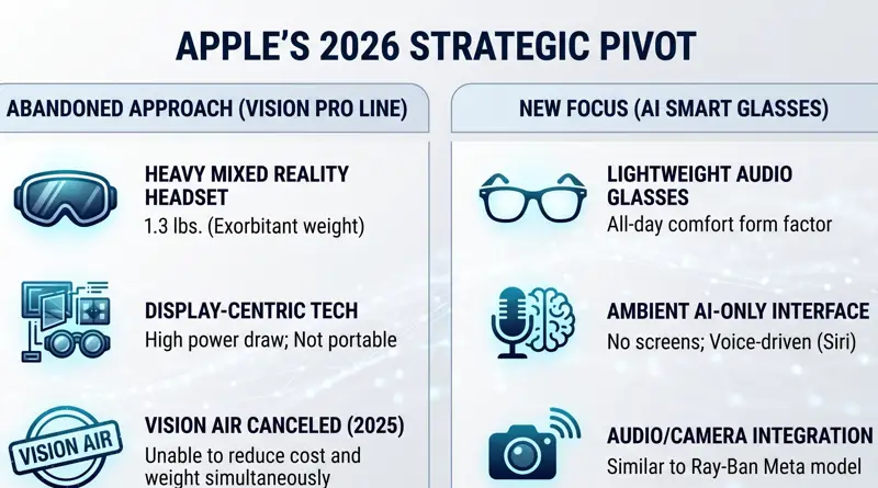 Infographic comparing Apple's abandoned heavy mixed reality Vision Pro approach with their new focus on lightweight, screenless AI smart glasses.
