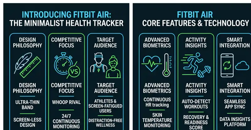 Flowchart showing the software transition from traditional Fitbit trackers and the Fitbit Premium app to the new screen-less Fitbit Air and the AI-driven Google Health subscription.