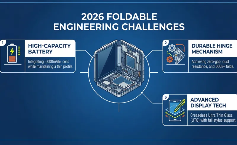 Technical infographic detailing the 2026 foldable engineering challenges, including high-capacity batteries, durable hinges, and advanced display technology.