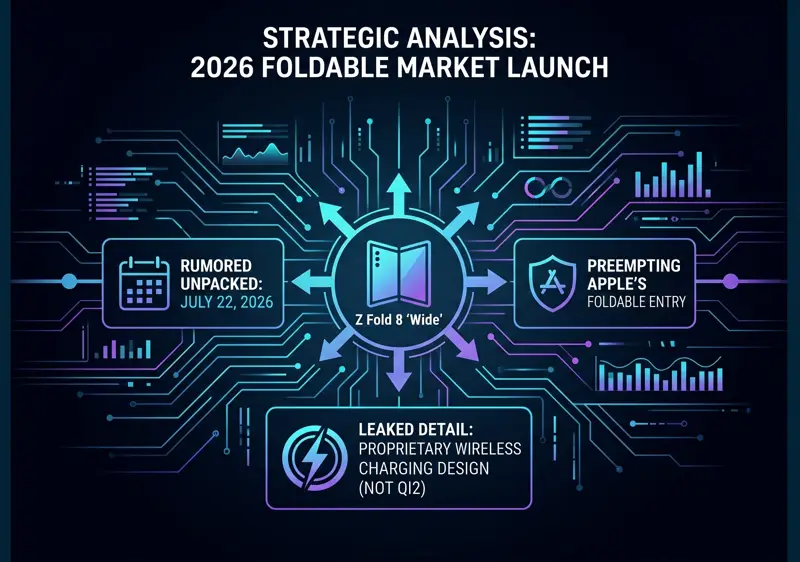 A side-by-side comparison infographic showing the tall and narrow standard Samsung Galaxy Z Fold 8 next to the shorter, broader Galaxy Z Fold 8 Wide featuring a 4:3 inner display.