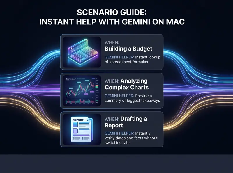 Infographic illustrating three productivity scenarios for the Gemini Mac app: finding spreadsheet formulas, analyzing complex charts, and verifying dates for reports.