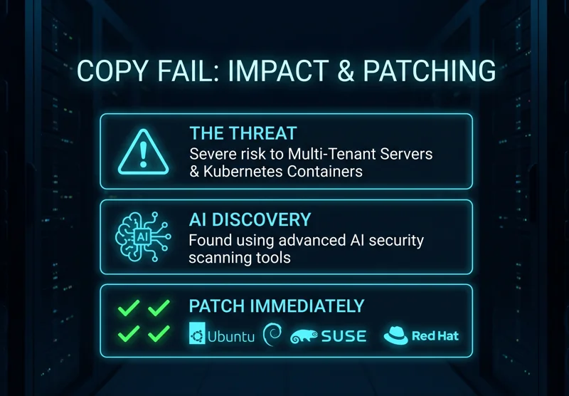 Infographic detailing the widespread impact of the Linux Copy Fail flaw on Kubernetes and multi-tenant servers, its discovery by AI scanning tools, and the urgent need to apply distribution patches.