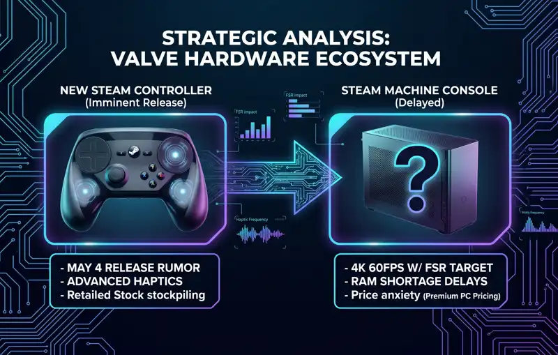Infographic comparing the imminent release of the new Steam Controller with the delayed Steam Machine console due to global RAM shortages.
